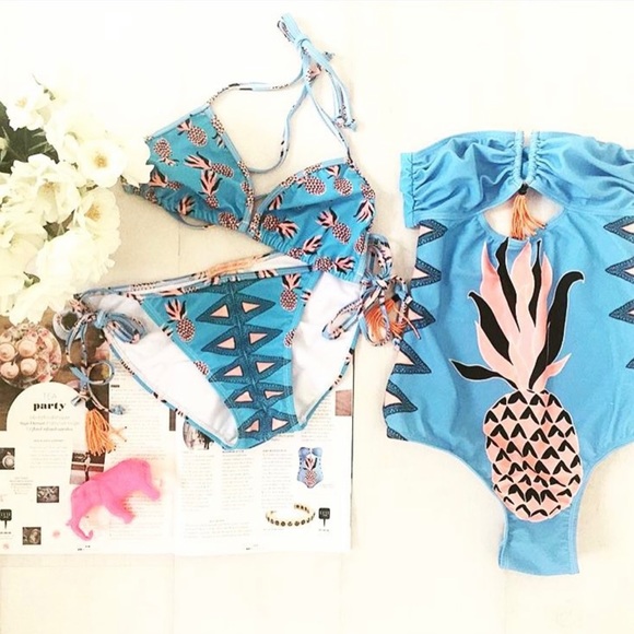 Blue Strapless Swimsuit with Pineapple and Bead Tassle Detail - Picture 8 of 9